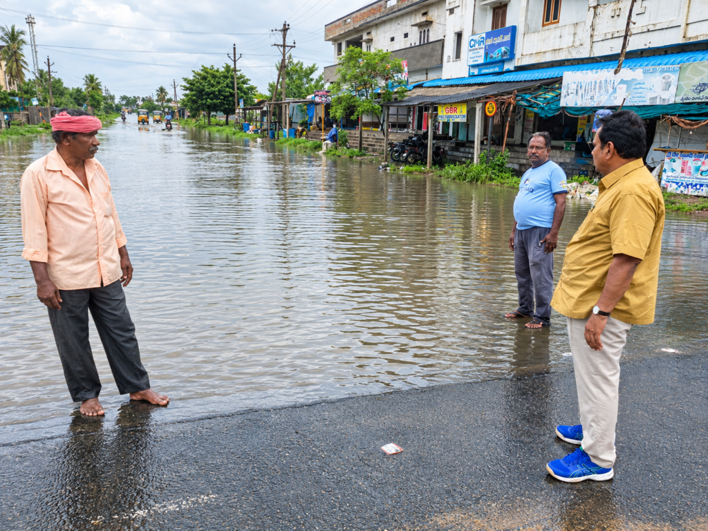 పెడనలో వర్షపు నీటితో జలమయమైన ప్రధాన రహదారులు.. క్షేత్రస్థాయిలో మున్సిపల్ కమిషనర్ కొండయ్య పరిశీలన