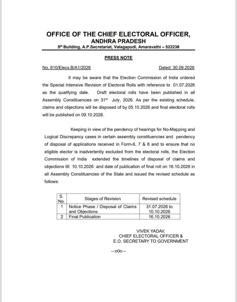 ఆంధ్రప్రదేశ్‌లో ఎస్‌ఐఆర్ ప్రక్రియ గడువు పెంపు అభ్యంతరాల స్వీకరణకు అక్టోబర్ 10 వరకు అవకాశం