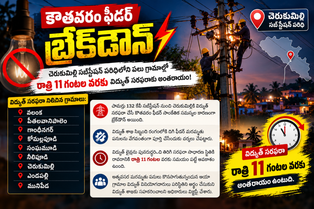 కౌతవరం ఫీడర్ బ్రేక్‌డౌన్: చెరుకుమిల్లి సబ్‌స్టేషన్ పరిధిలోని పలు గ్రామాల్లో రాత్రి 11 గంటల వరకు విద్యుత్ సరఫరాకు అంతరాయం!