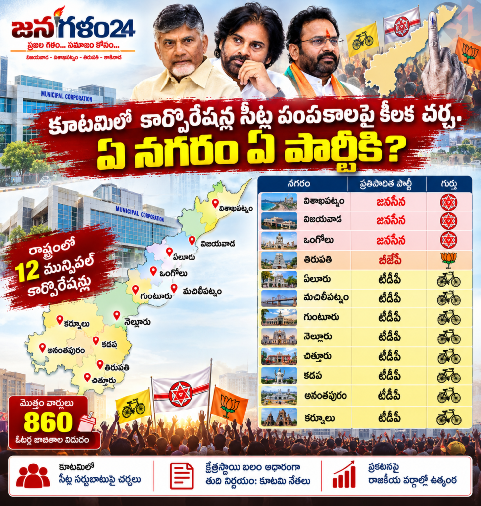 Title: కూటమిలో కార్పొరేషన్ల సీట్ల పంపకాలపై కీలక చర్చ.. ఏ నగరం ఏ పార్టీకి?
