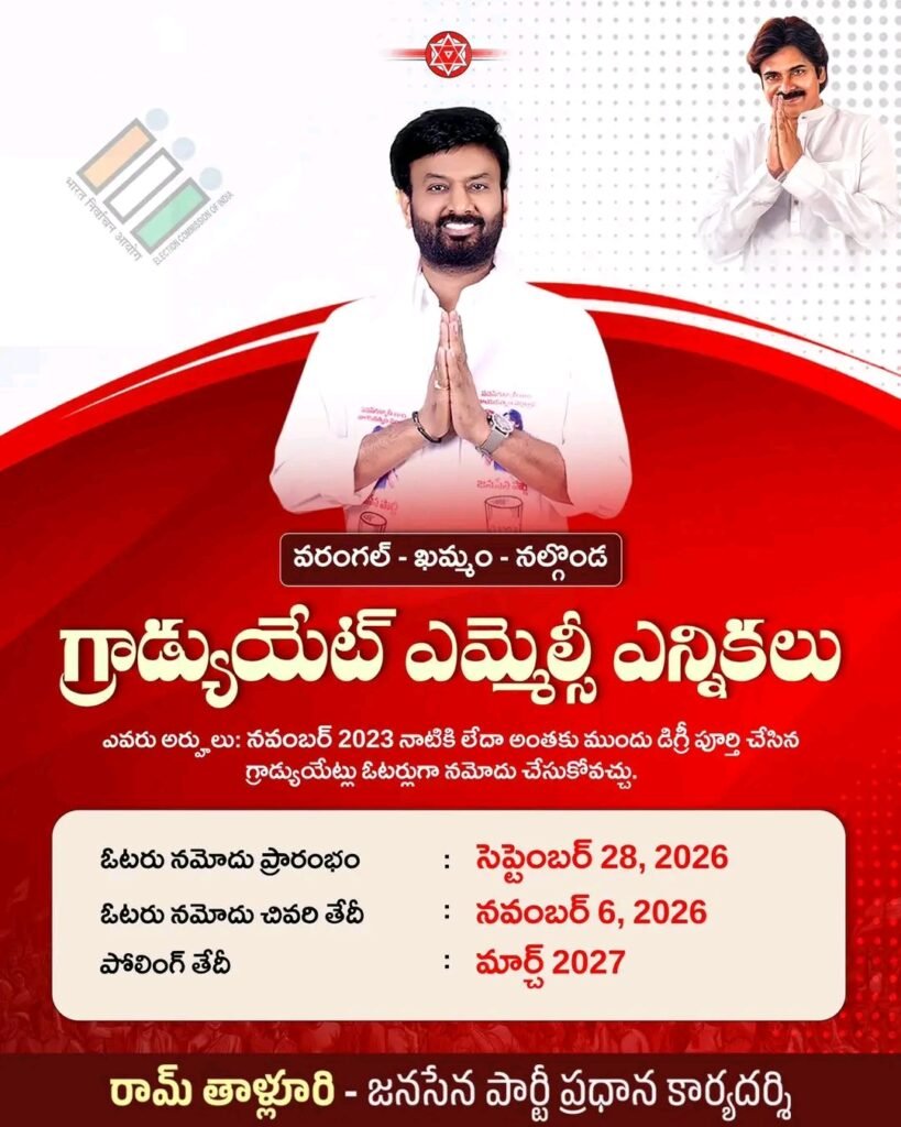 పట్టభద్రుల ఎమ్మెల్సీ ఎన్నికల ఓటరు నమోదు షెడ్యూల్ విడుదల: నవంబర్ 6 వరకు దరఖాస్తుకు గడువు.. ప్రతి ఒక్కరూ మళ్లీ కొత్తగా నమోదు చేసుకోవాలని జనసేన శ్రేణులకు పిలుపు!