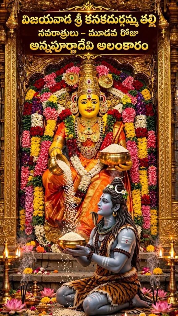 ఇంద్రకీలాద్రిపై మూడో రోజు శరన్నవరాత్రులు: అన్నపూర్ణాదేవి అలంకారంలో భక్తులకు దర్శనమిస్తున్న కనకదుర్గమ్మ