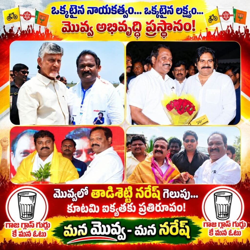 ఒక్కటైన నాయకత్వం ఒక్కటైన లక్ష్యం మొవ్వ అభివృద్ధి ప్రస్థానమే ధ్యేయంగా కూటమి జడ్పీటీసీ అభ్యర్థి తాడిశెట్టి నరేష్ ముమ్మర ప్రచారం గాజు గ్లాసు గుర్తుకు ఓటేయాలని పిలుపు!