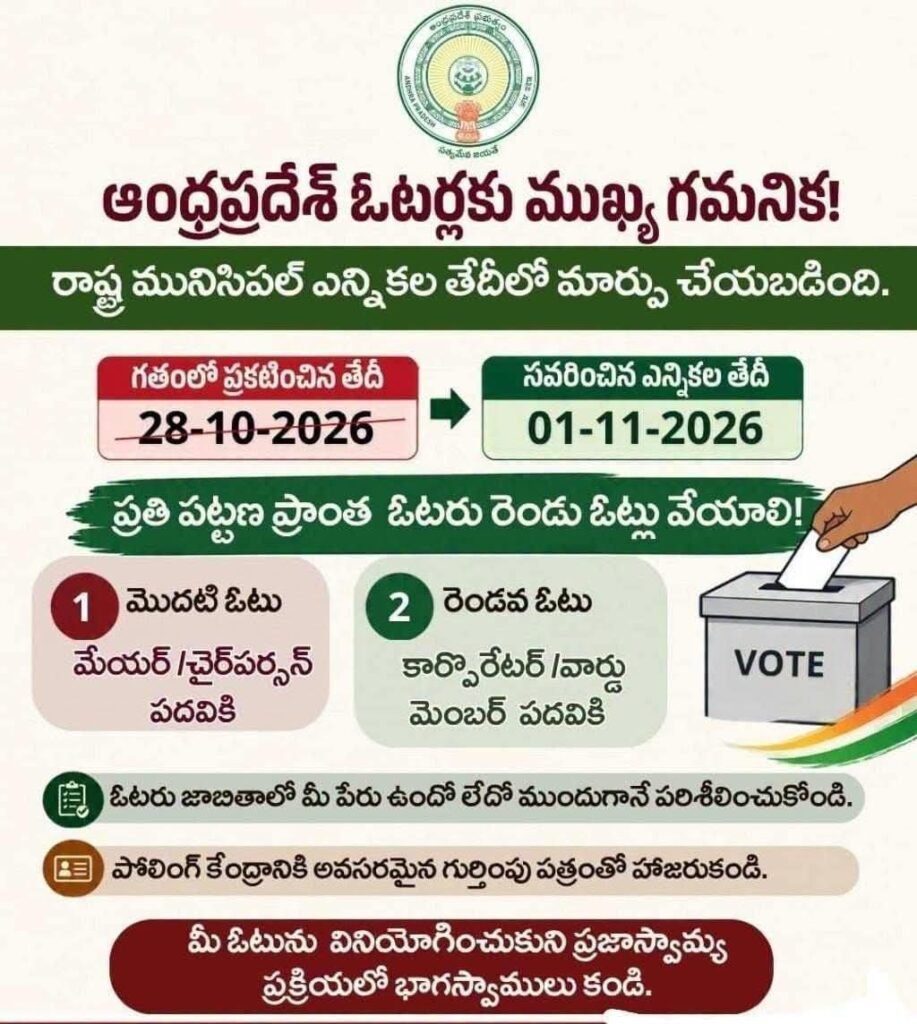 ఆంధ్రప్రదేశ్ మున్సిపల్ ఎన్నికల తేదీ రీ-షెడ్యూల్ నవంబర్ 1న పోలింగ్ పట్టణ ఓటర్లు రెండు ఓట్లు వేయాలని ఎన్నికల సంఘం స్పష్టత (అధికారిక ప్రకటన)