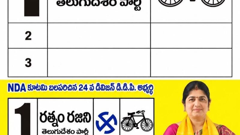 విజయవాడ 24వ డివిజన్‌లో టీడీపీ కార్పొరేటర్ అభ్యర్థి రత్నం రజిని గెలుపే లక్ష్యం: బ్యాలెట్ సంఖ్య 1 ‘సైకిల్’ గుర్తుకు ఓటేయాలని కూటమి పిలుపు (జన గళం ఎలక్షన్ డెస్క్)