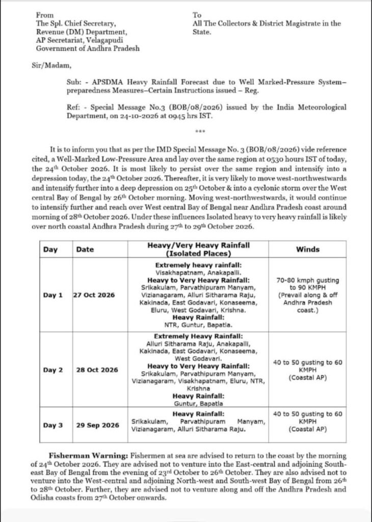 బంగాళాఖాతంలో తీవ్ర తుపాను ముప్పు కలెక్టర్లను అప్రమత్తం చేసిన రాష్ట్ర విపత్తుల నిర్వహణ సంస్థ (అధికారిక సర్క్యులర్)