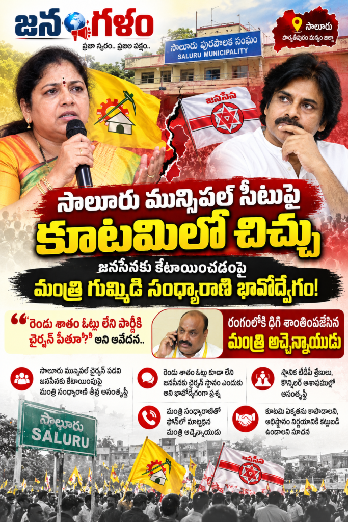 సాలూరు మున్సిపల్ పీఠం రగడ: జనసేనకు కేటాయింపుపై మంత్రి గుమ్మిడి సంధ్యారాణి తీవ్ర అసంతృప్తి.. రంగంలోకి దిగి బుజ్జగించిన మంత్రి అచ్చెన్నాయుడు!